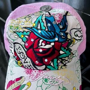 Ed Hardy, Trucker Hat, Pink/Multi Hearts/Snap Back CUTE